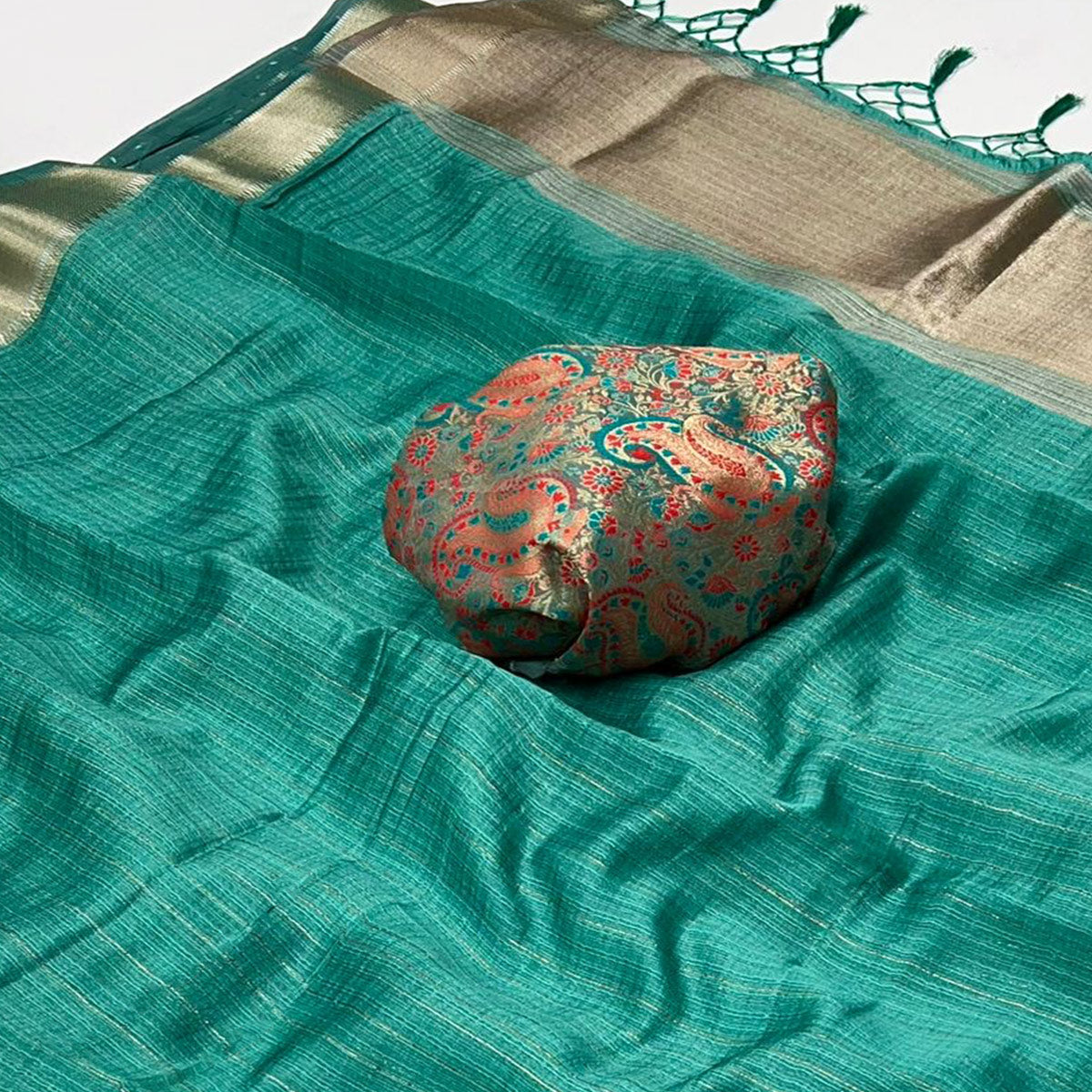 Rama Green Handloom Woven Chiffon Saree