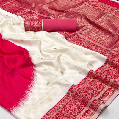 Cream & Red Zari Butti Work Banarasi Silk Saree