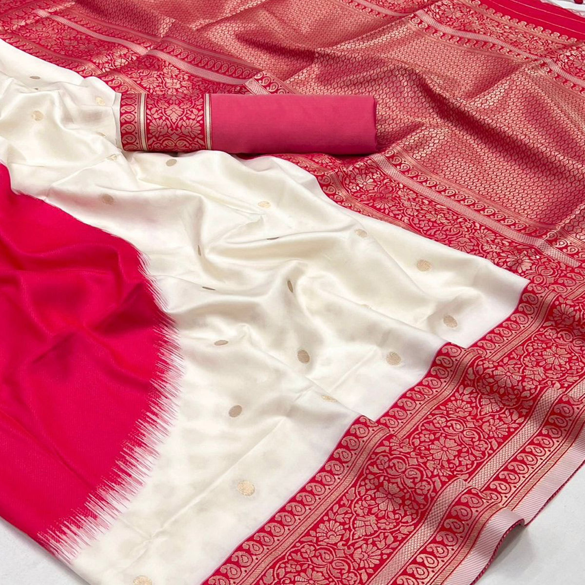 Cream & Red Zari Butti Work Banarasi Silk Saree