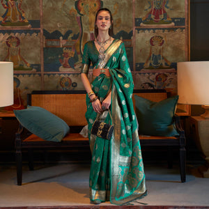 green-floral-woven-satin-saree-with-tassels-1