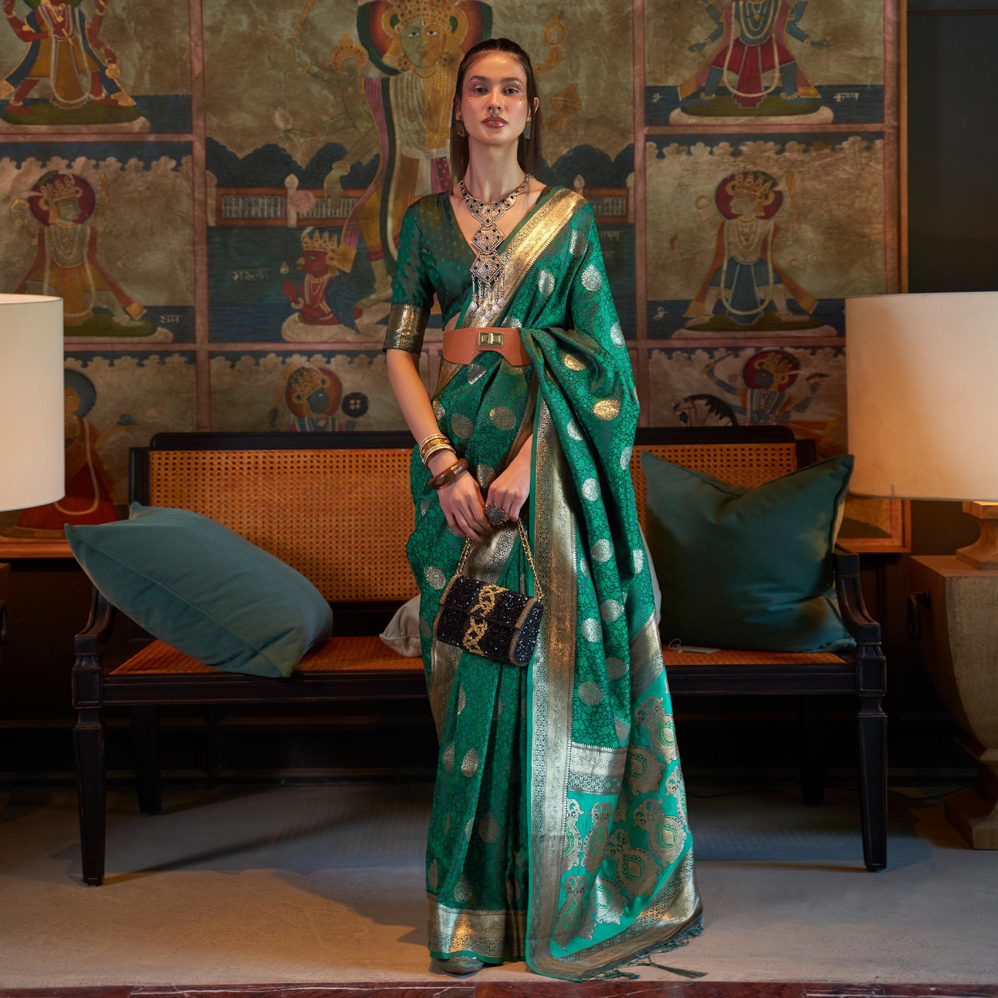 green-floral-woven-satin-saree-with-tassels-1