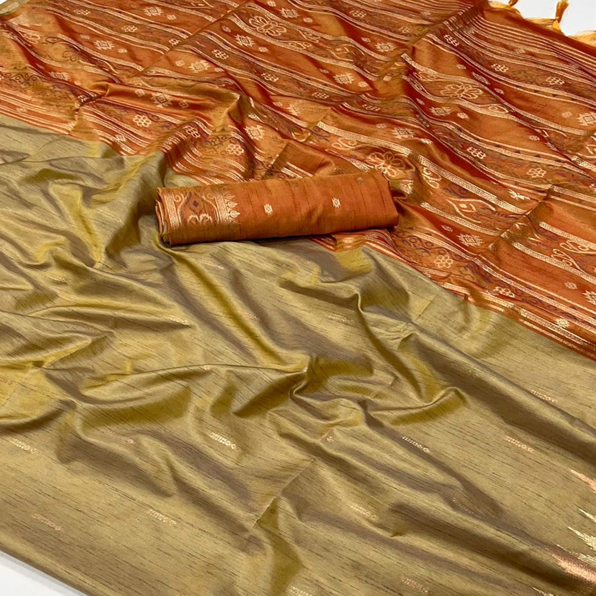 Chikoo Zari Work Woven Tussar Silk Saree With Tassels