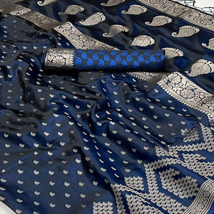 Blue Woven Satin Saree With Tassels
