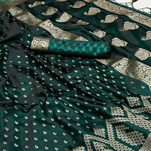 Bottle Green Woven Satin Saree With Tassels