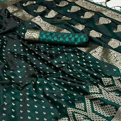 Bottle Green Woven Satin Saree With Tassels