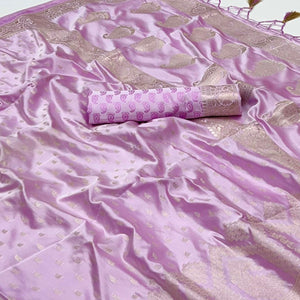 Light Lavender Woven Satin Saree With Tassels