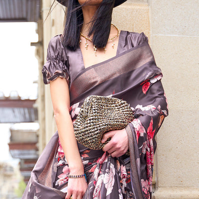 Coffee Brown Digital Printed Satin Saree With Tassels