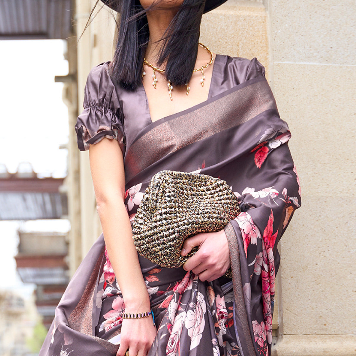 Coffee Brown Digital Printed Satin Saree With Tassels