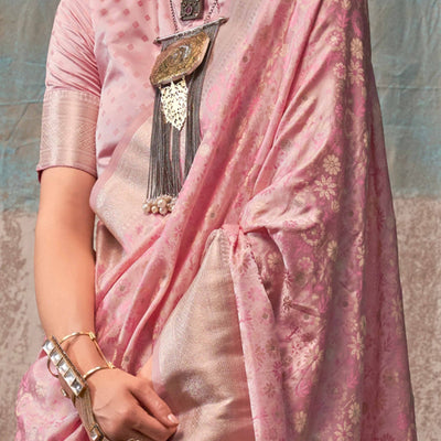 Light Peach Handloom Woven Pure Satin Saree