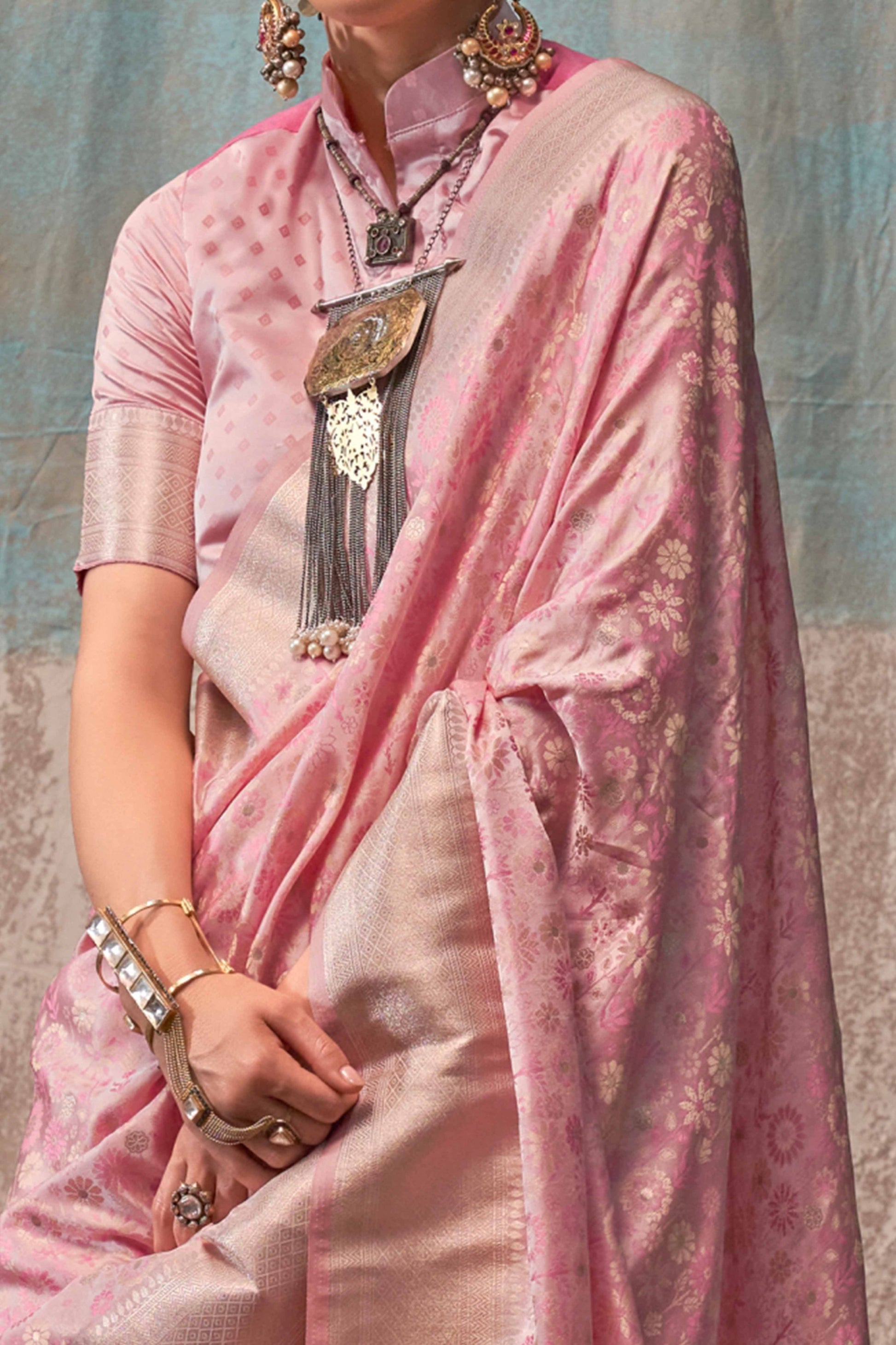 Light Peach Handloom Woven Pure Satin Saree