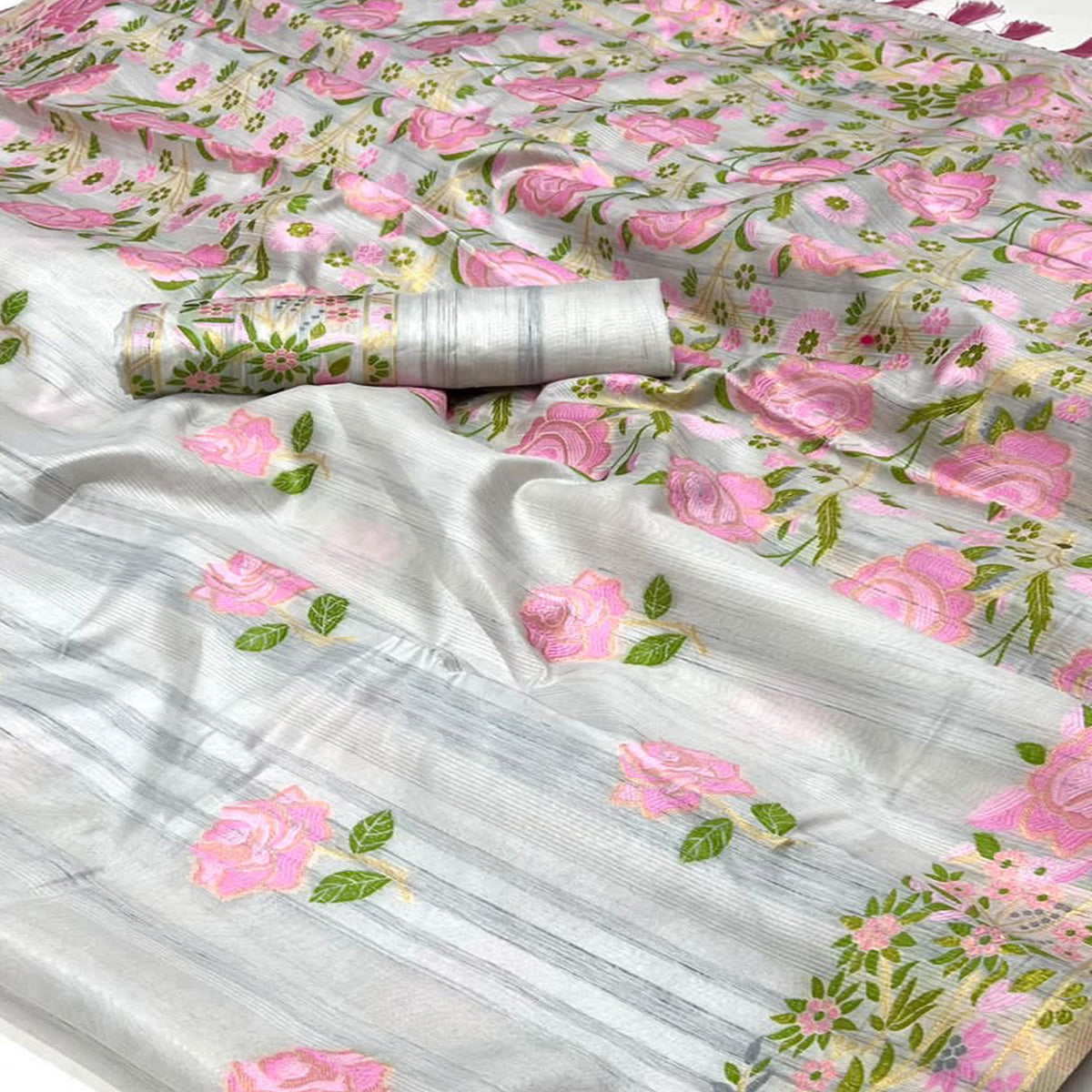 grey-floral-woven-pure-silk-saree-with-tassels