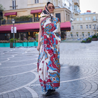 Cream Digital Printed Crepe Saree