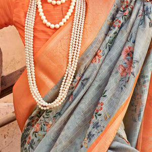 grey-orange-woven-floral-printed-georgette-saree