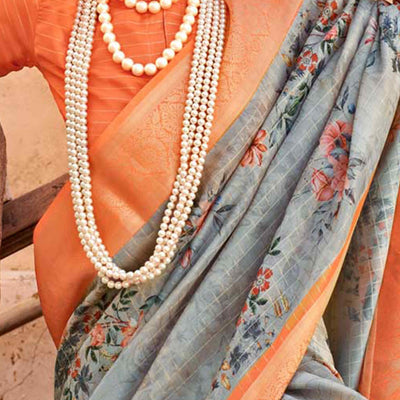 grey-orange-woven-floral-printed-georgette-saree