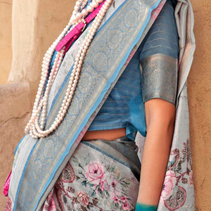 grey-blue-woven-floral-printed-georgette-saree