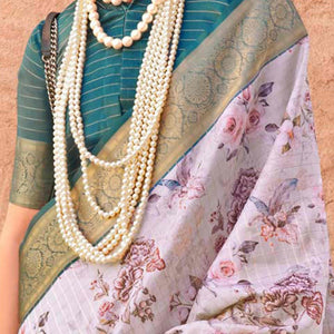 Light Mauve Woven Floral Printed Georgette Saree