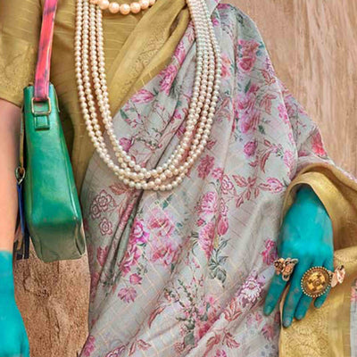 grey-mustard-woven-floral-printed-georgette-saree