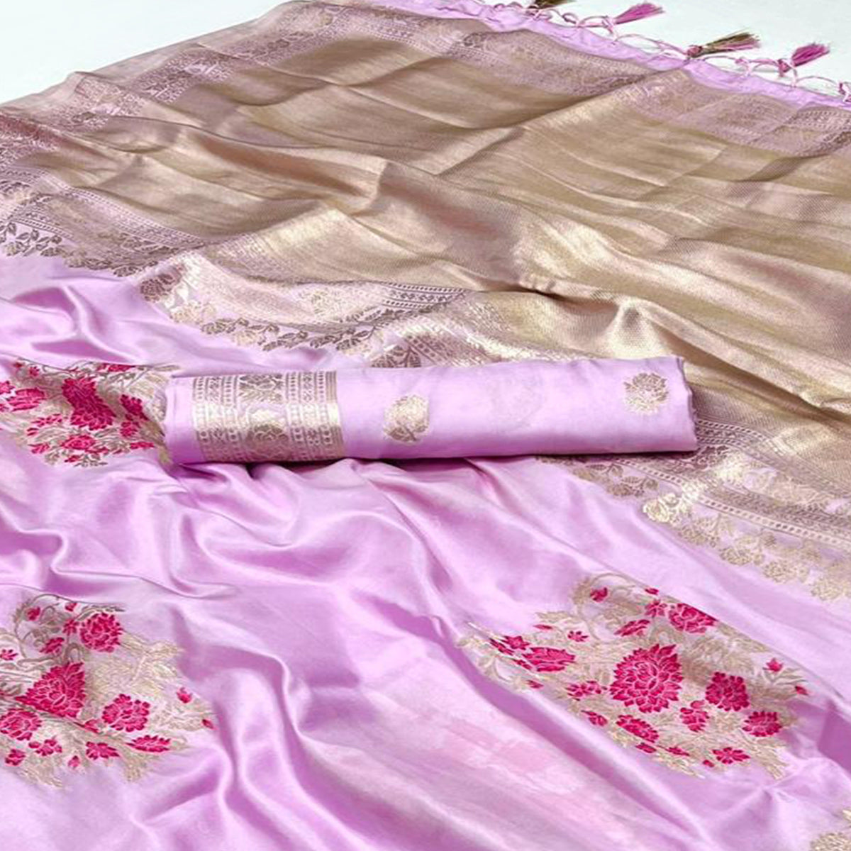 Lavender Floral Woven Art Silk Saree With Tassels