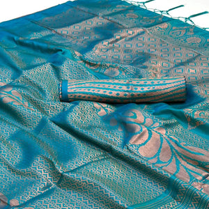 Blue Woven Art Silk Saree With Tassels
