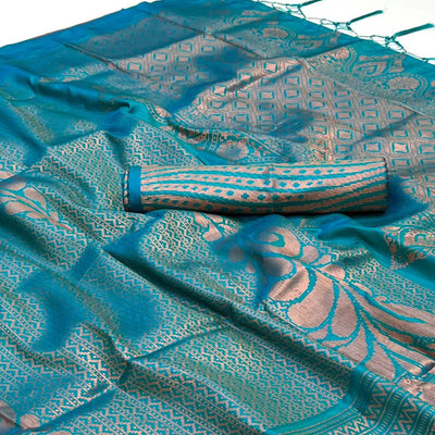 Blue Woven Art Silk Saree With Tassels