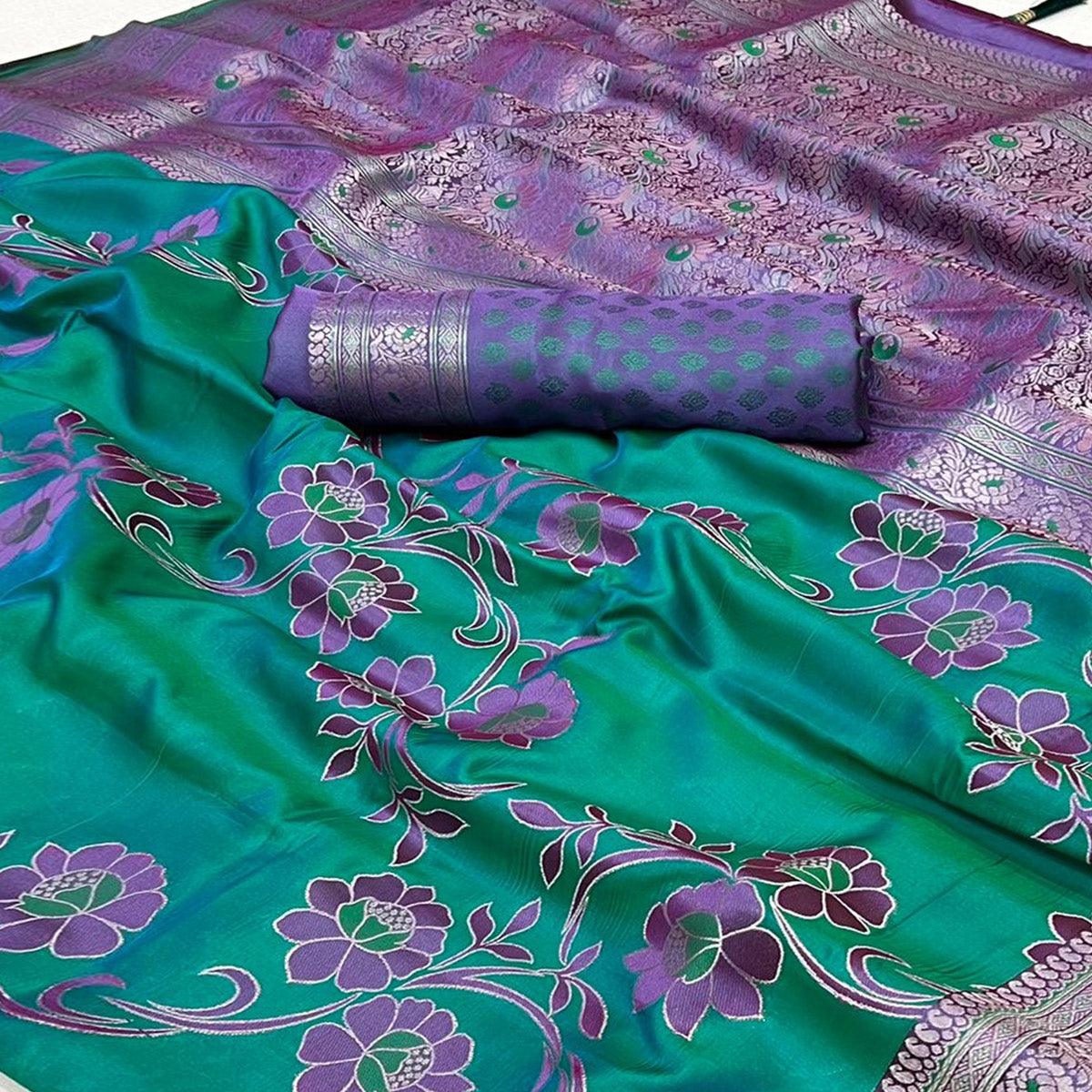 green-floral-woven-satin-saree-with-tassels-2