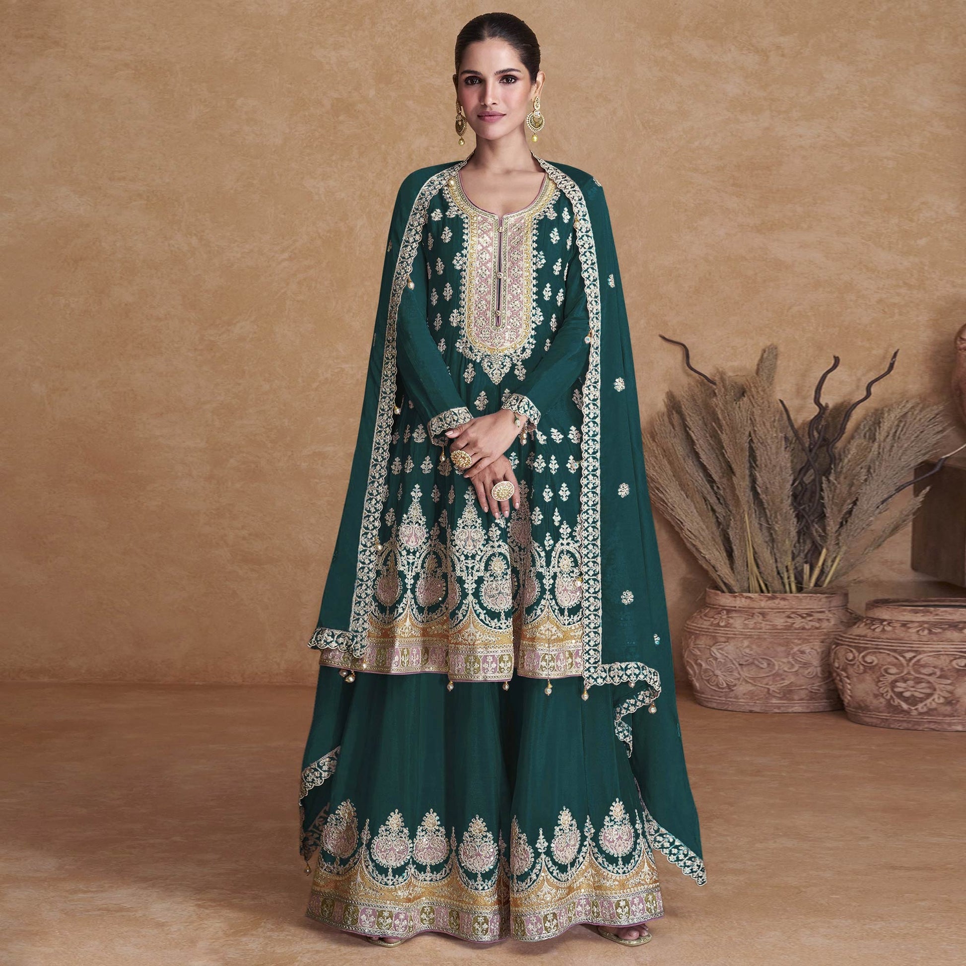 green-sequins-embroidered-georgette-semi-stitched-sharara-suit-1