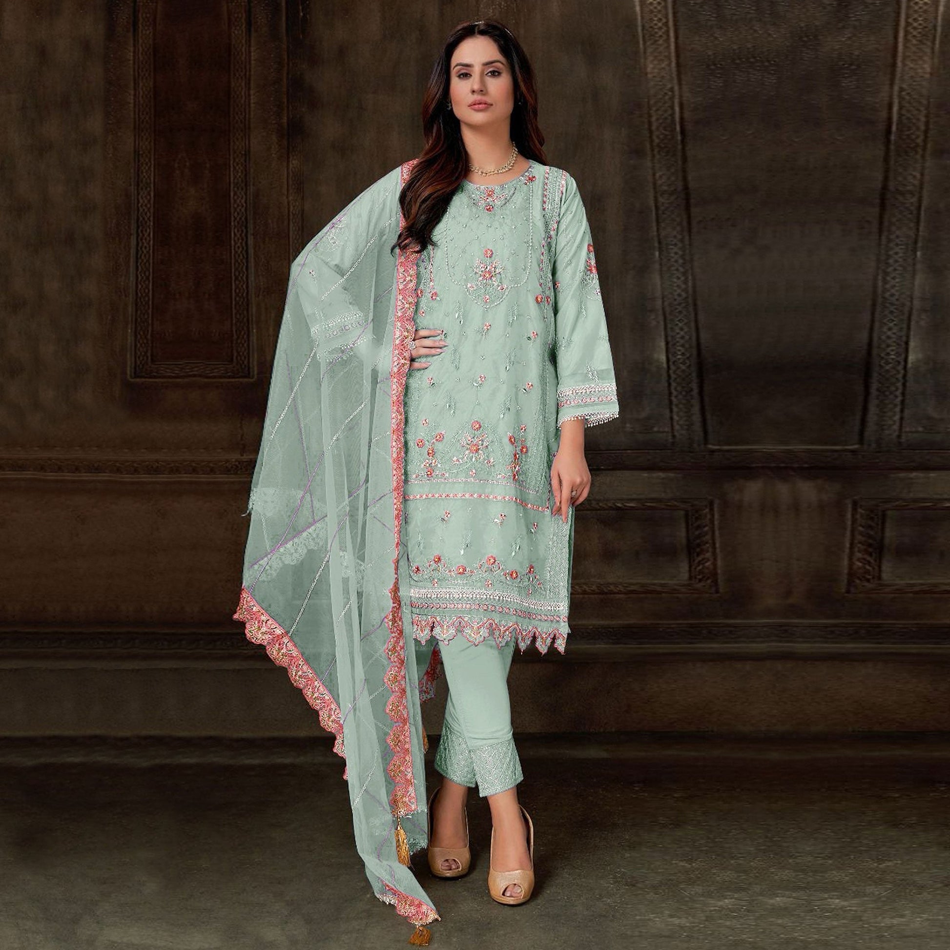 Light Green Floral Embroidered Georgette Pakistani Semi Stitched Dress Material