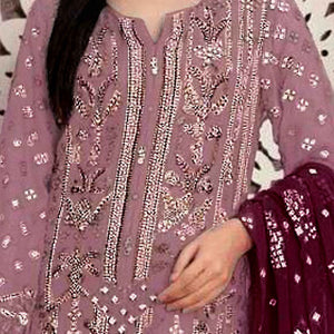 Mauve Floral Embroidered With Handwork Georgette Semi Stitched Pakistani Suit