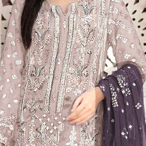 Light Coffee Brown Floral Embroidered With Handwork Georgette Semi Stitched Pakistani Suit
