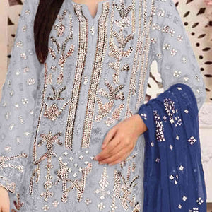 Greyish Blue Floral Embroidered With Handwork Georgette Semi Stitched Pakistani Suit