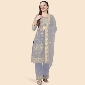 Grey Sequins Embroidered Net Semi Stitched Pakistani Suit