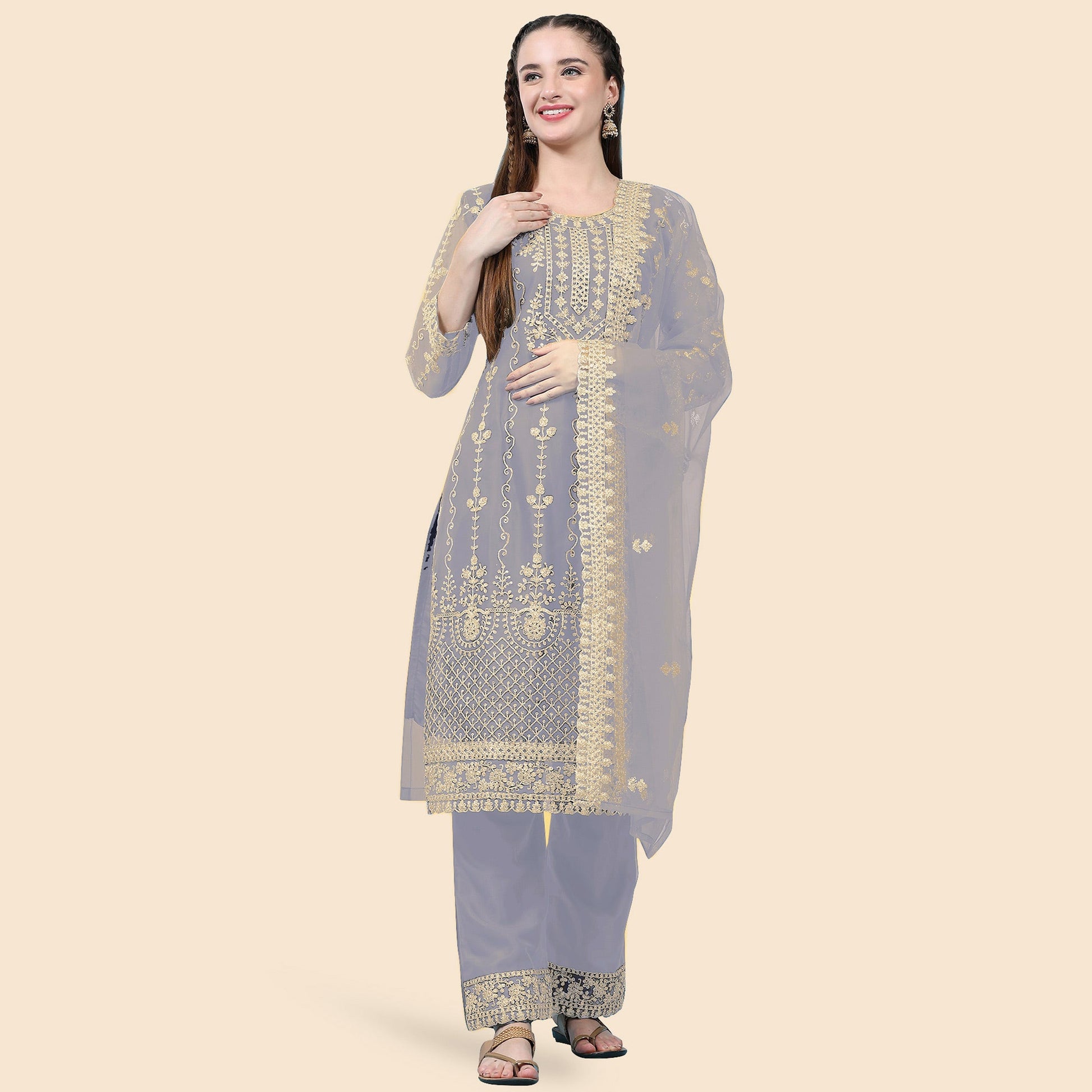 Grey Sequins Embroidered Net Semi Stitched Pakistani Suit