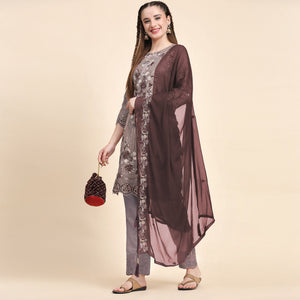 Brown Floral Embroidered Georgette Semi Stitched Pakistani Suit