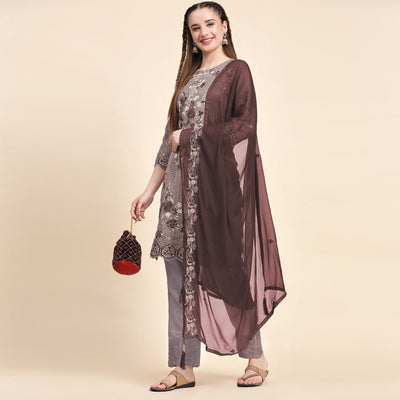 Brown Floral Embroidered Georgette Semi Stitched Pakistani Suit