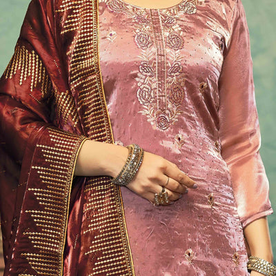 Dusty Rose Pink Floral Embroidery With Swarovski Work Jimmy Choo Tissue Semi Stitched Suit