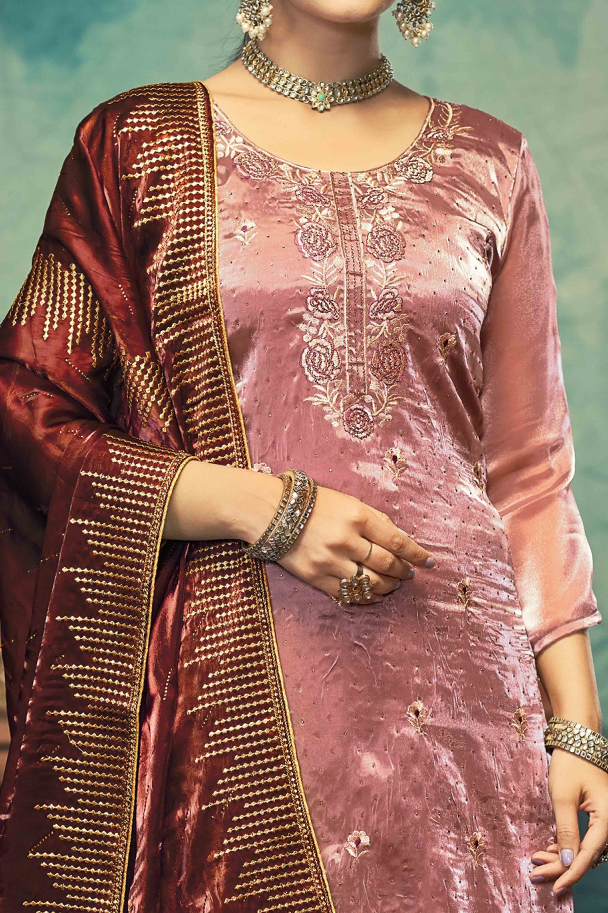 Dusty Rose Pink Floral Embroidery With Swarovski Work Jimmy Choo Tissue Semi Stitched Suit