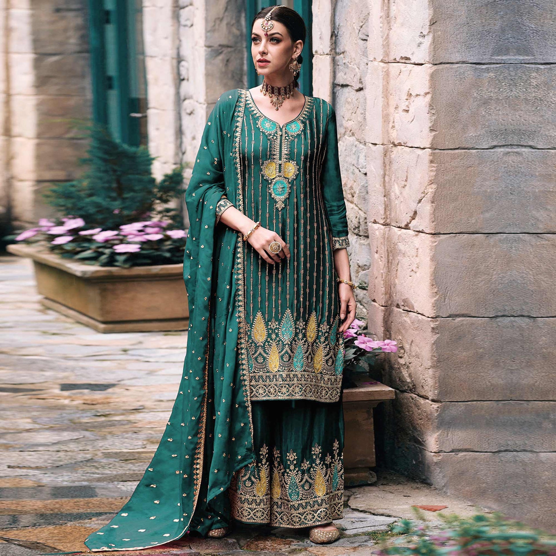 green-embroidered-chinon-semi-stitched-palazzo-suit