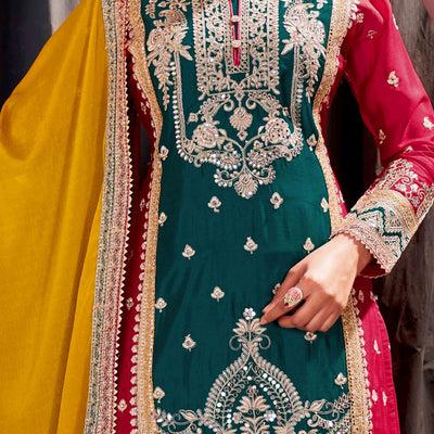 Cherry Red & Teal Green Floral Sequins Embroidered Chinon Silk Semi Stitched Palazzo Suit