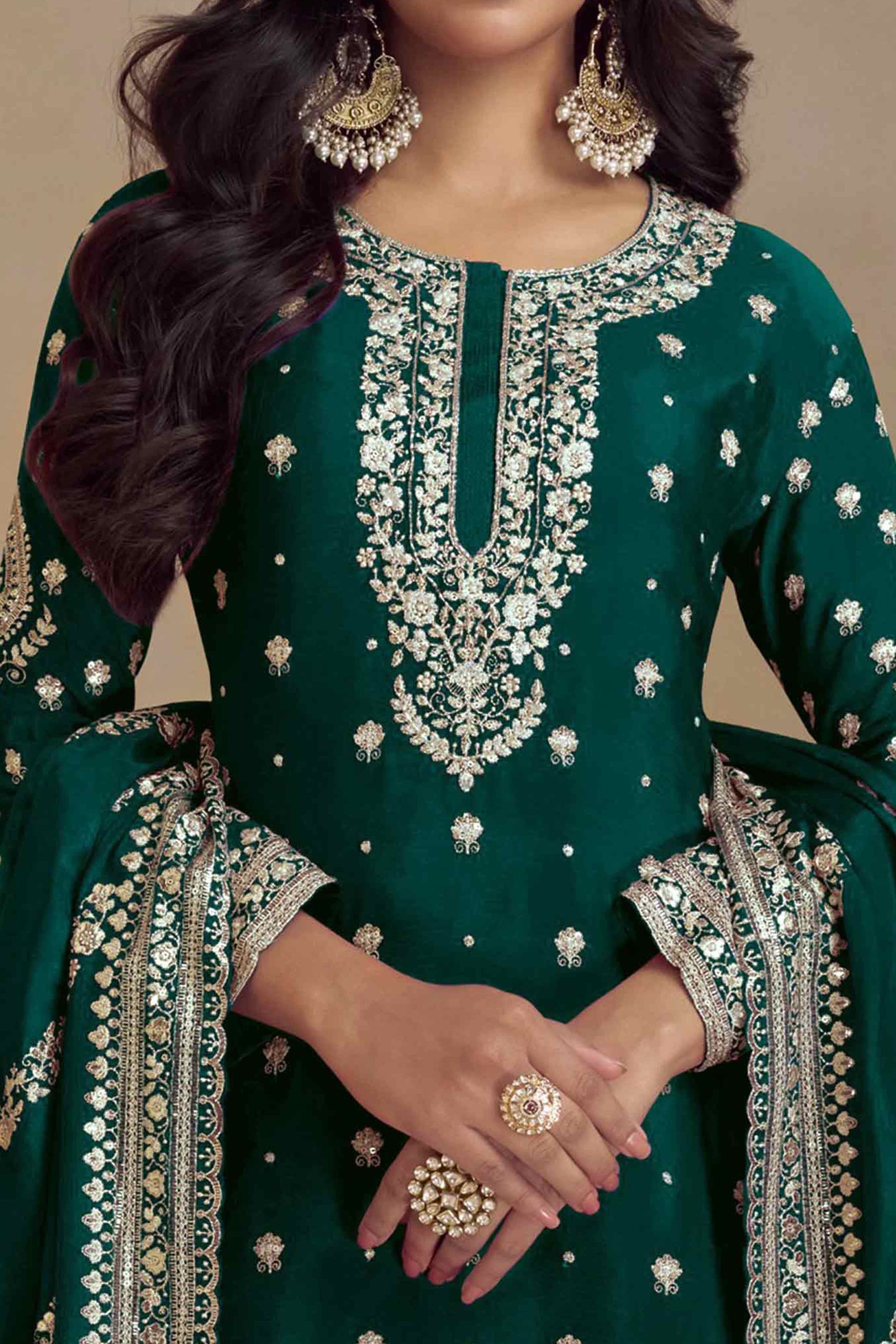 green-floral-sequins-embroidered-satin-silk-semi-stitched-suit