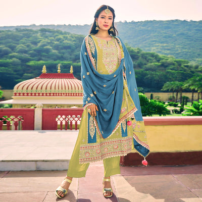 Lemon Yellow Sequins Embroidered Chinon Semi Stitched Salwar Suit