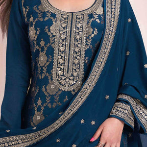 Blue Woven With Embroidered Jacquard Viscose Semi Stitched Salwar Suit