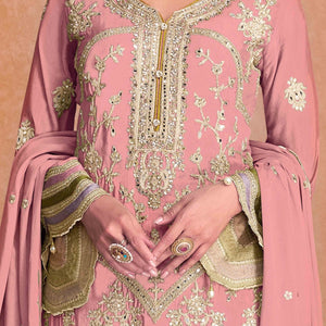 Gajari Pink Floral Sequins Embroidered Chinon Palazzo Suit