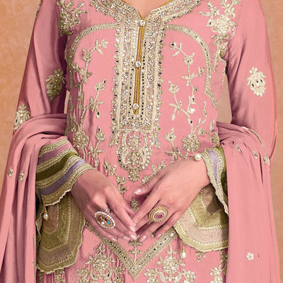 Gajari Pink Floral Sequins Embroidered Chinon Palazzo Suit