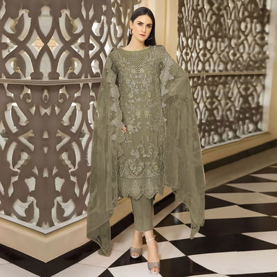 Dark Beige Floral Embroidered Georgette Semi Stitched Pakistani Suit
