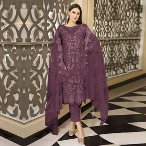 Dark Mauve Floral Embroidered Georgette Semi Stitched Pakistani Suit