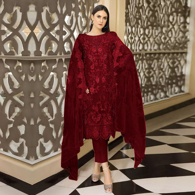 Maroon Floral Embroidered Georgette Semi Stitched Pakistani Suit