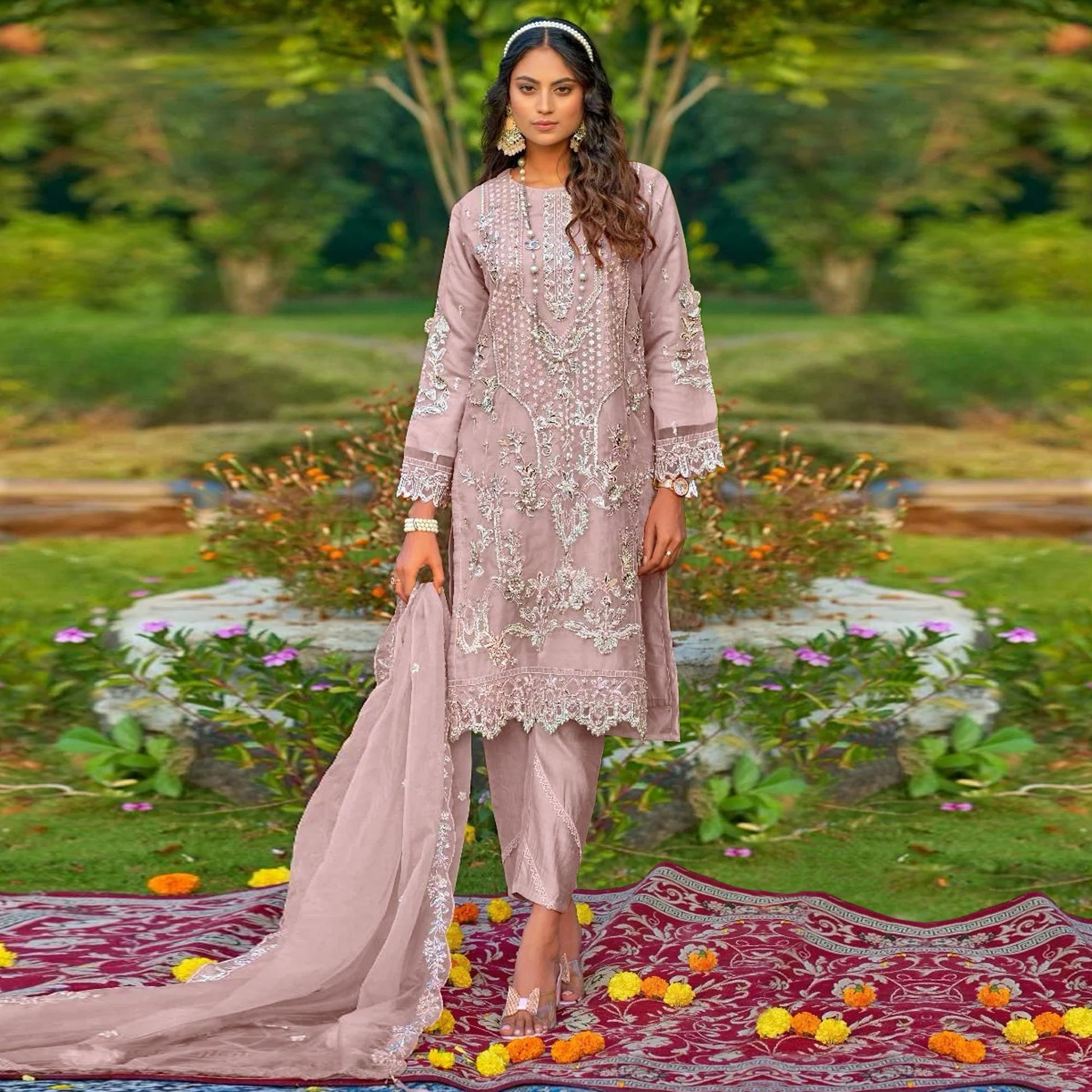Lilac Purple Floral Embroidered Organza Semi Stitched Pakistani Suit