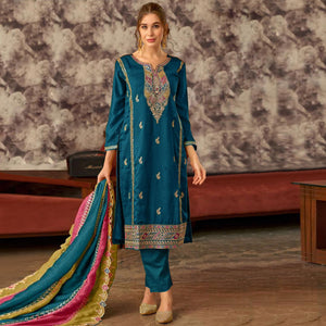 Morpich Floral Embroidered Vichitra Silk Semi Stitched Pakistani Dress Material
