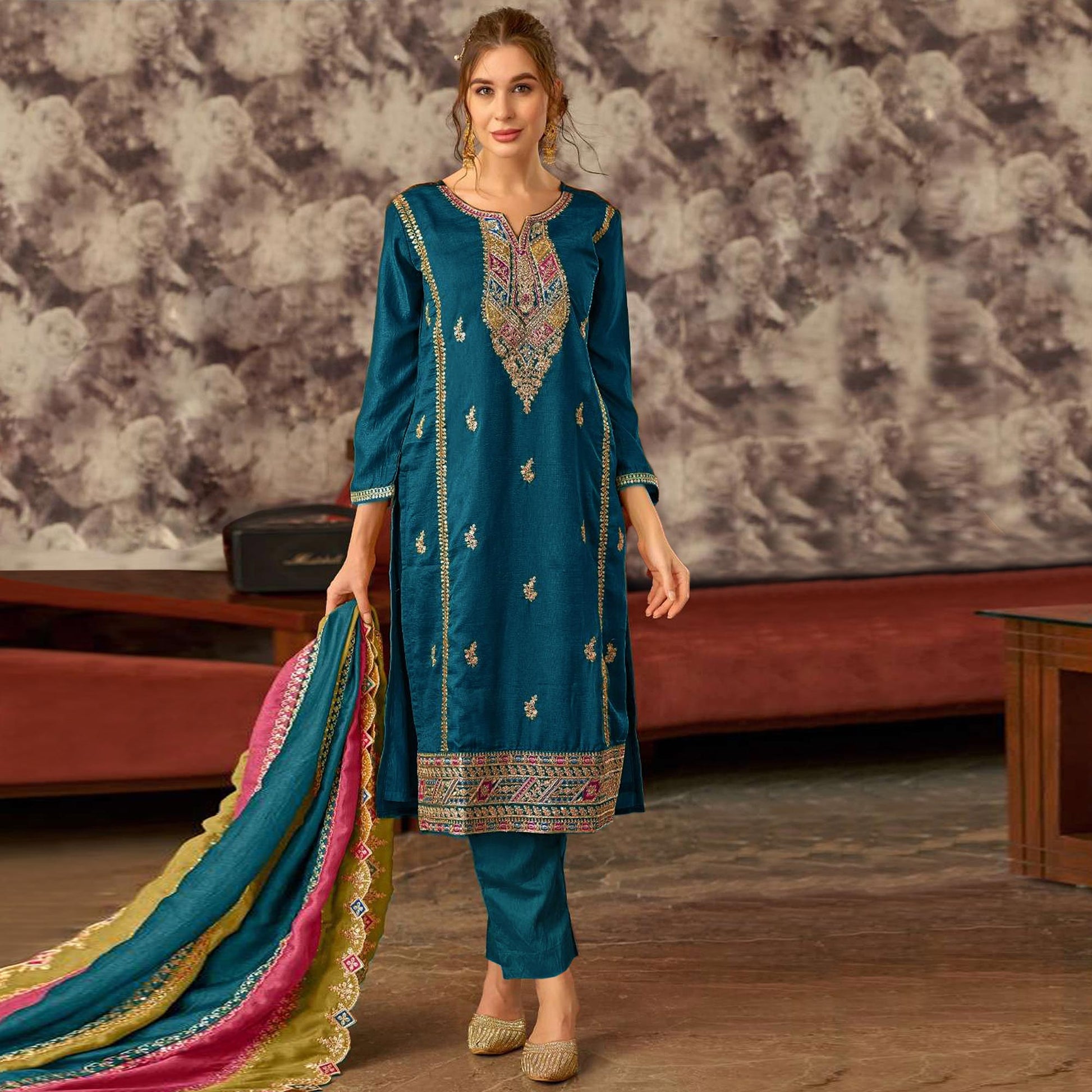 Morpich Floral Embroidered Vichitra Silk Semi Stitched Pakistani Dress Material