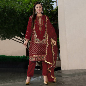 Maroon Floral Sequins Embroidered Georgette Semi Stitched Pakistani Suit